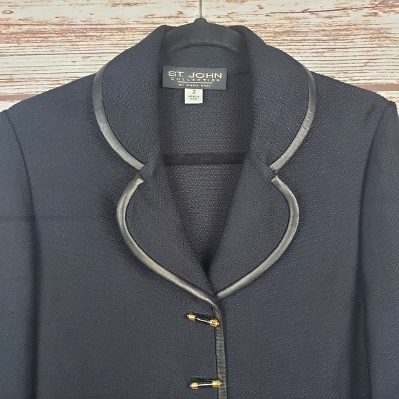 St. John Collection Womens Size 2 Vintage Black Santana Knit Leather Trim Jacket - Picture 2 of 11